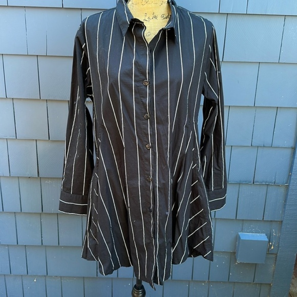 🖤🤍🖤Snapdragon & Twig black fit and flare shirt dress med cotton white stripes